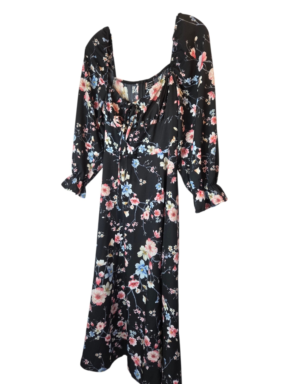 Shein Black Floral Square Neck-Line/Long Sleeve Maxi/Midi Dress Women's Size 6 - Picture 5 of 11